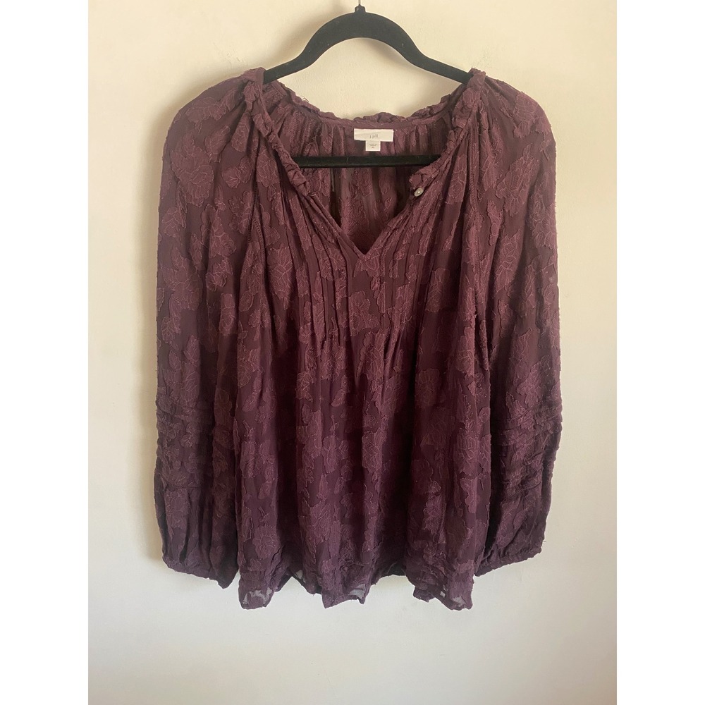 J. Jill Plum Purple Floral Jacquard Ruffle V-Neck Peasant Blouse XL Rayon Top